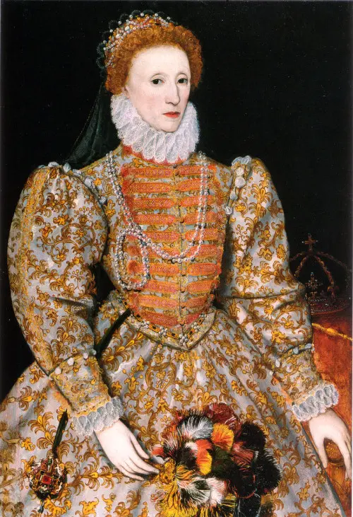 een schilderij van koningin Elisabeth I, bijgenaamd The Virgin Queen, met een oranje japon en wit kraagje