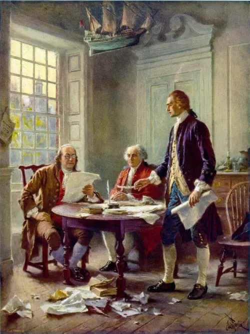 portret van de "The Founding Fathers (grondleggers van de USA) Franklin, Adams, en Jefferson werken aan de onafhankelijkheidsverklaring - vmbo quiz Engels Klaslokaal