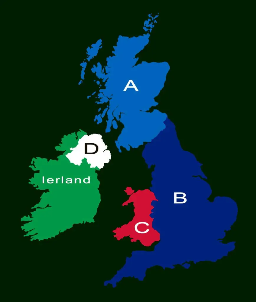 kaart van de UK waarop de vier naties moeten worden aangewezen - vmbo quiz Engels Klaslokaal